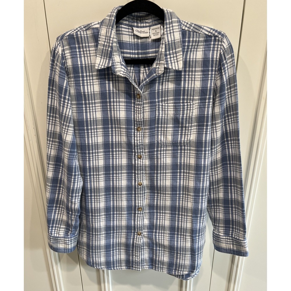 The Vermont Country Store Plaid Flannel Button Up Shirt Size Small Blue & White